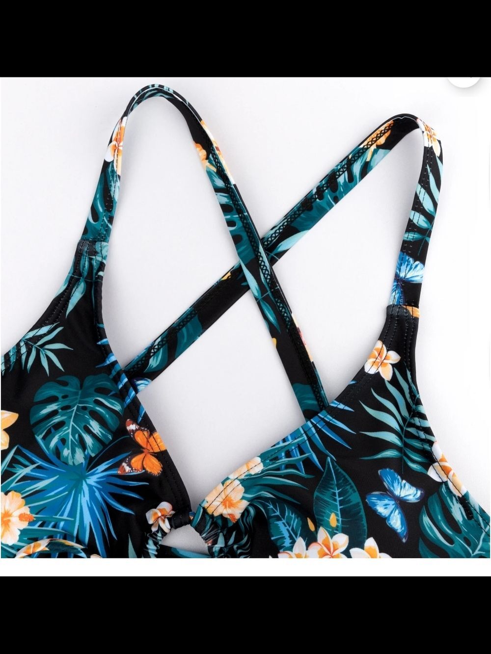 Black Tropical Floral One-Piece Swim Dress 4XL V-Neck Handkerchief Hem Plus Size - Picture 3 of 6